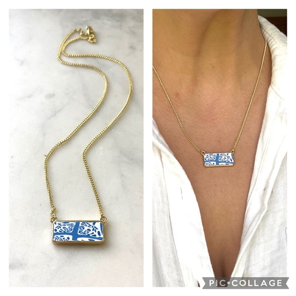 Blue and white polymer clay gold bezel necklace - Picture 1 of 4